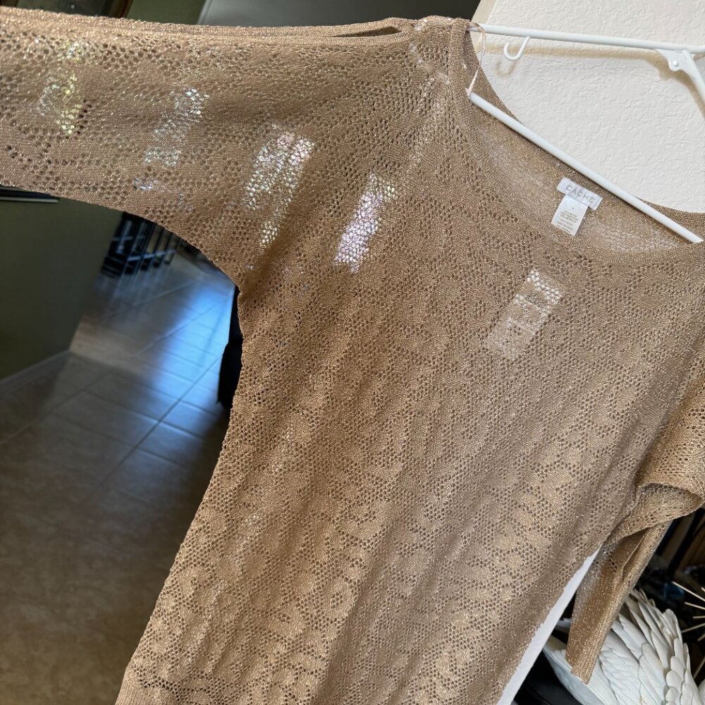 Cache Lightweight Gold Knit Metallic Top NWT $98 - Picture 3 of 12